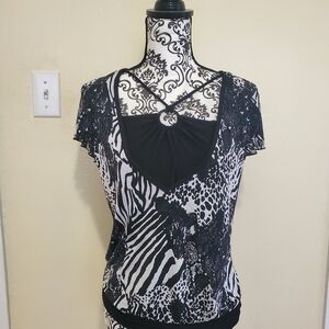 Black & White Animal Print Short Sleeve Top with Strappy Detail
